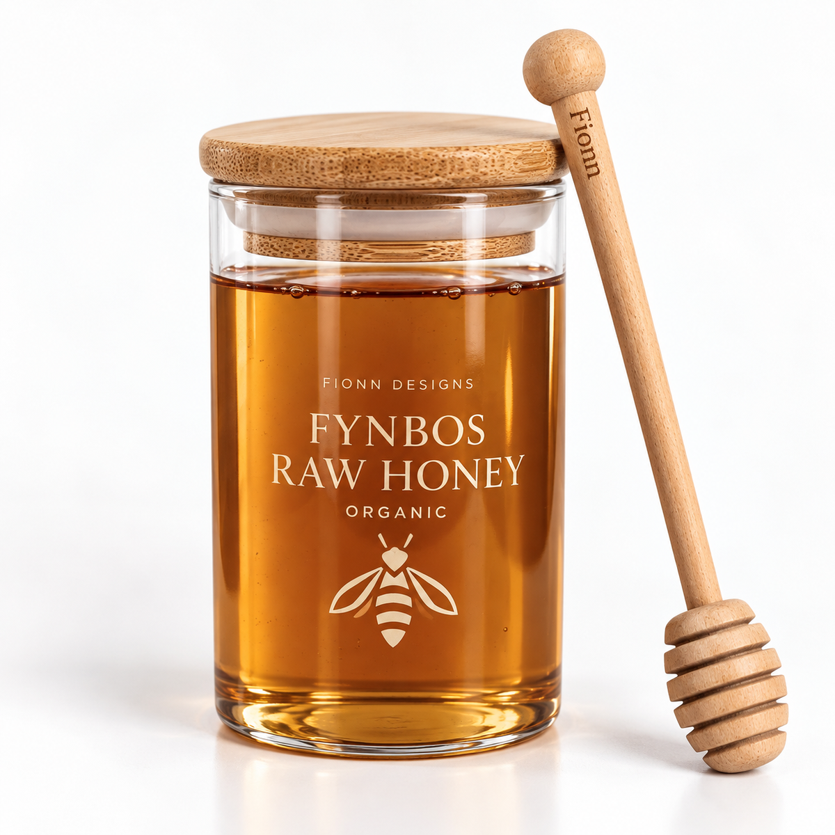 Fynbos Raw Honey 440g with wooden honey dipper by Fionn Designs