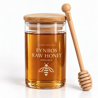 Fynbos Raw Honey 440g with wooden honey dipper by Fionn Designs