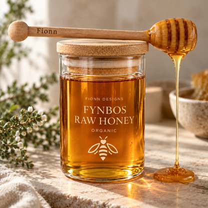 Fynbos Raw Honey with dipper styled with cheese and figs